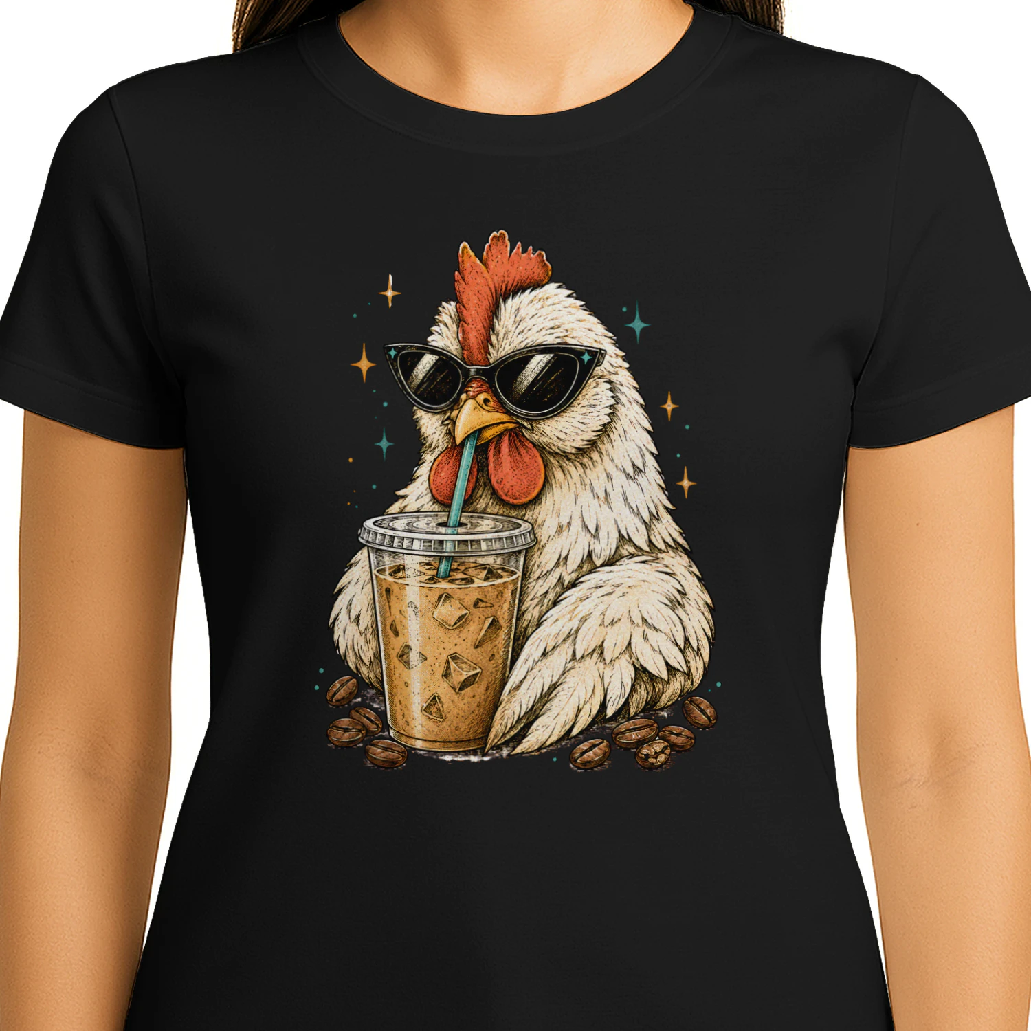 Chicken Drinking Iced Coffee Shirt – Funny Coffee Lover Chicken Tee