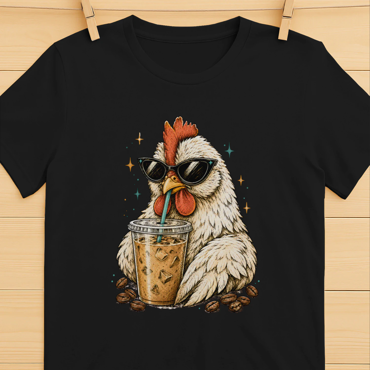Chicken Drinking Iced Coffee Shirt – Funny Coffee Lover Chicken Tee