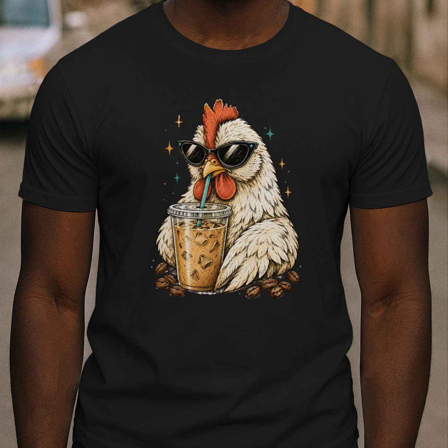 Chicken Drinking Iced Coffee Shirt – Funny Coffee Lover Chicken Tee
