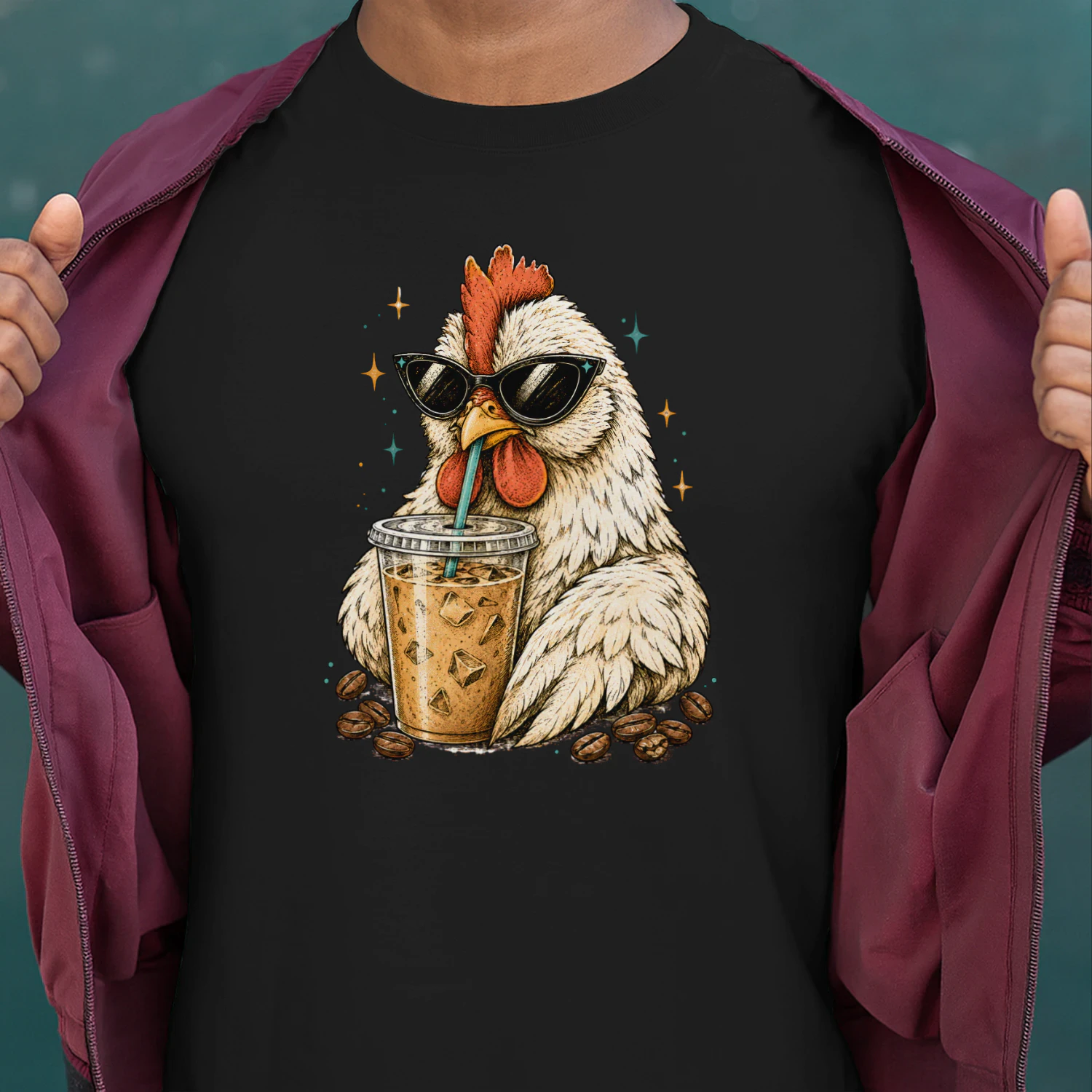 Chicken Drinking Iced Coffee Shirt – Funny Coffee Lover Chicken Tee