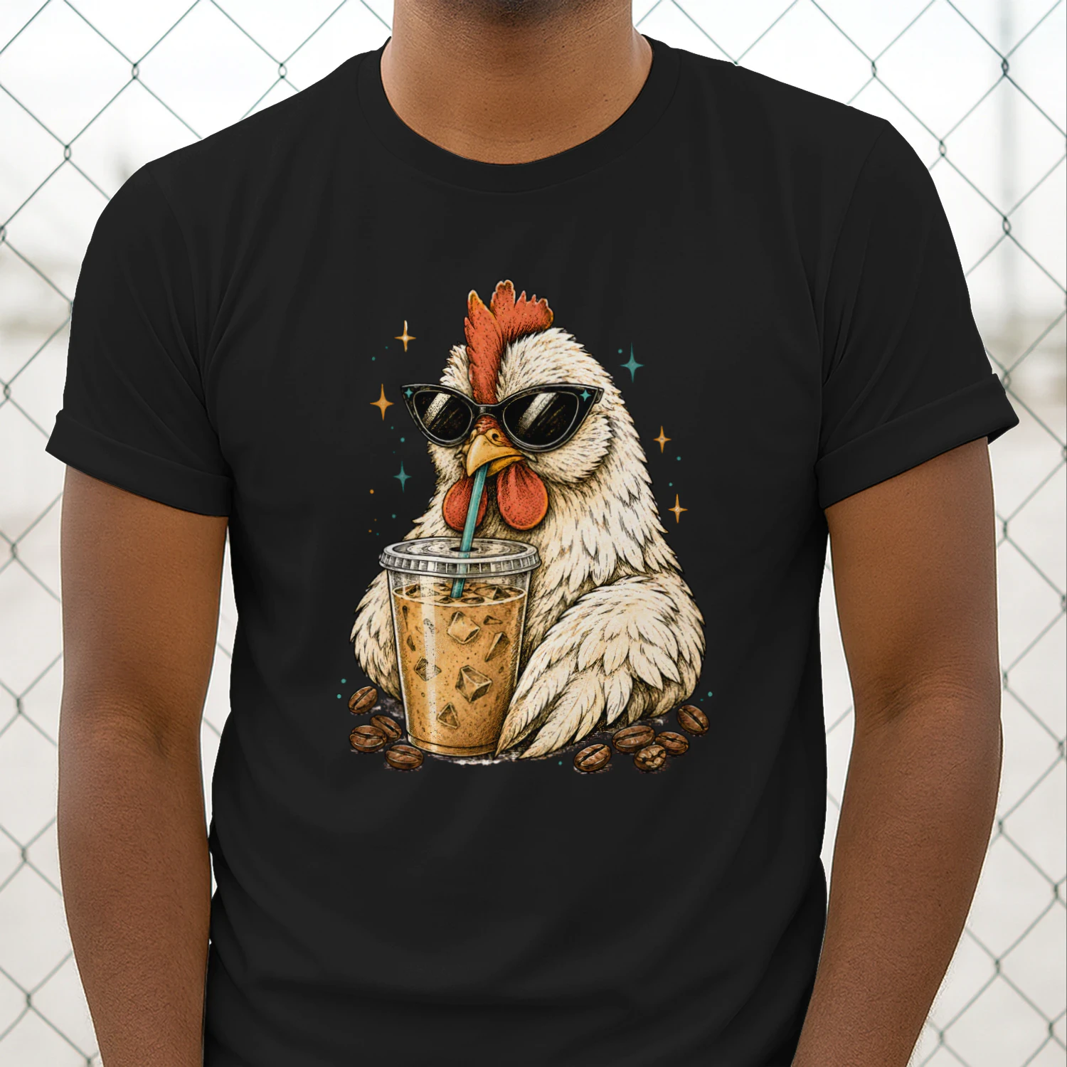 Chicken Drinking Iced Coffee Shirt – Funny Coffee Lover Chicken Tee