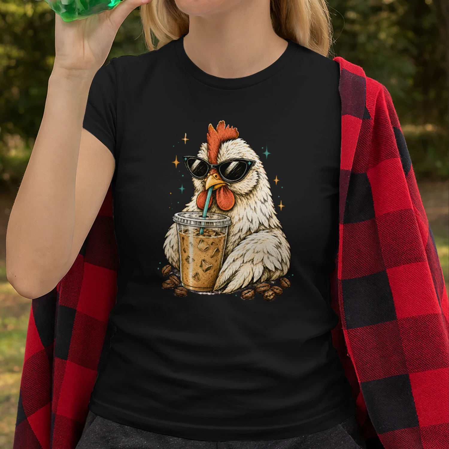 Chicken Drinking Iced Coffee Shirt – Funny Coffee Lover Chicken Tee