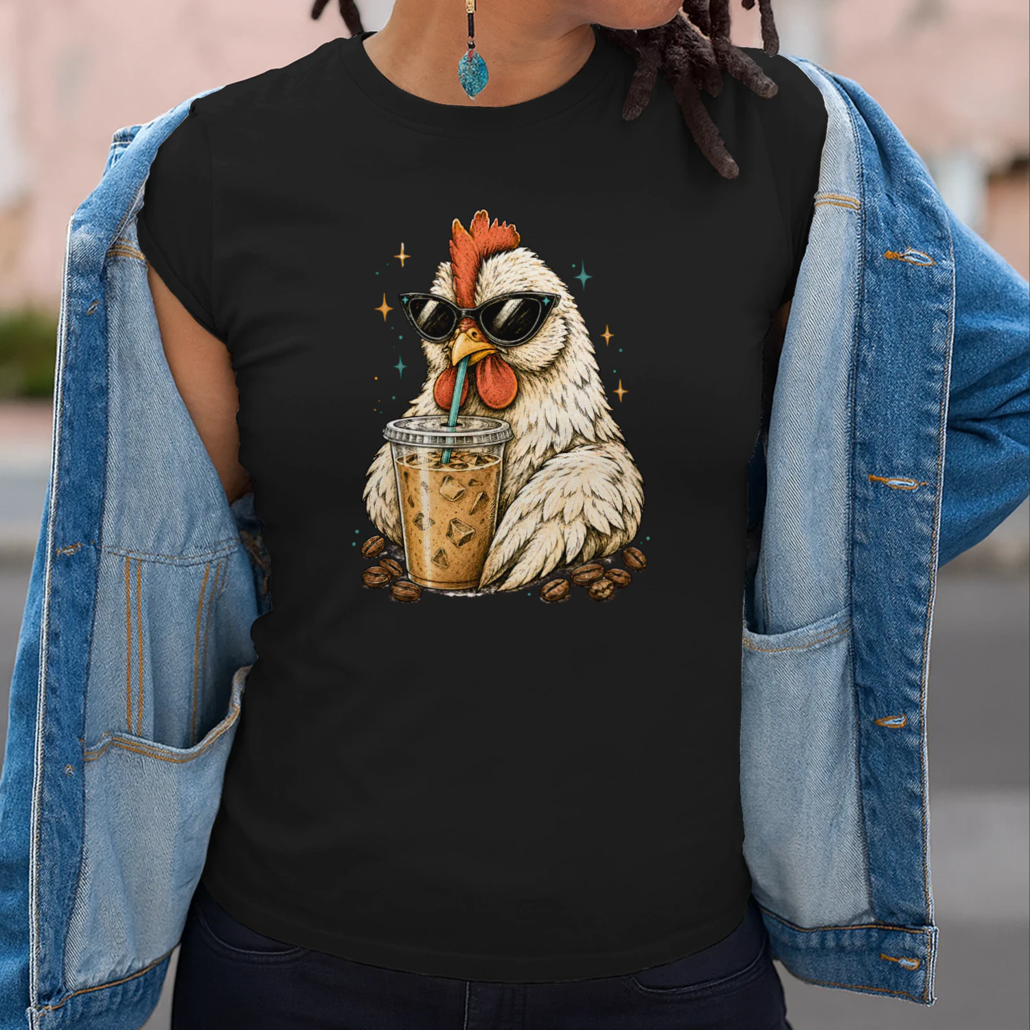 Chicken Drinking Iced Coffee Shirt – Funny Coffee Lover Chicken Tee
