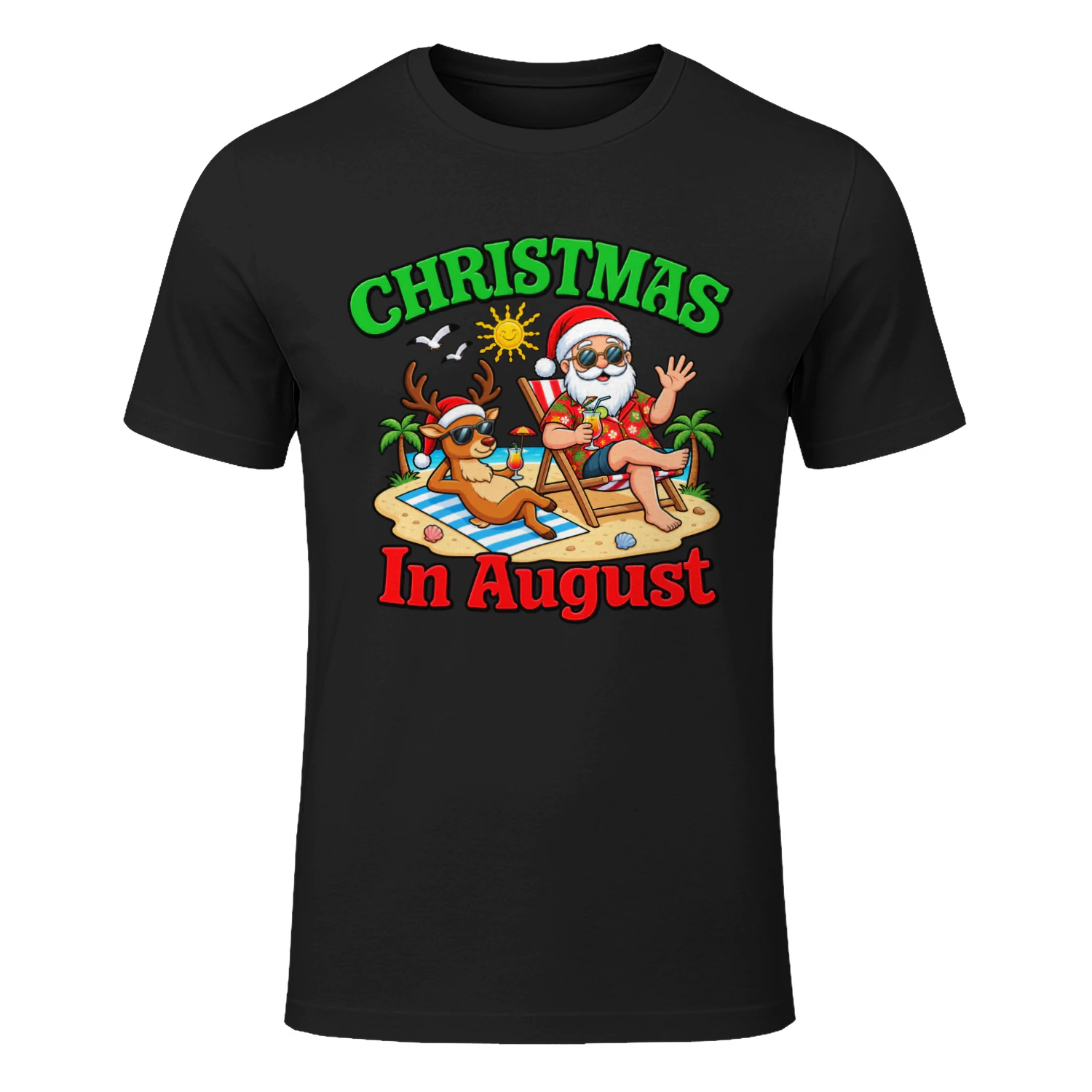 Christmas In August Funny Summer Santa Reindeer Beach Shirt