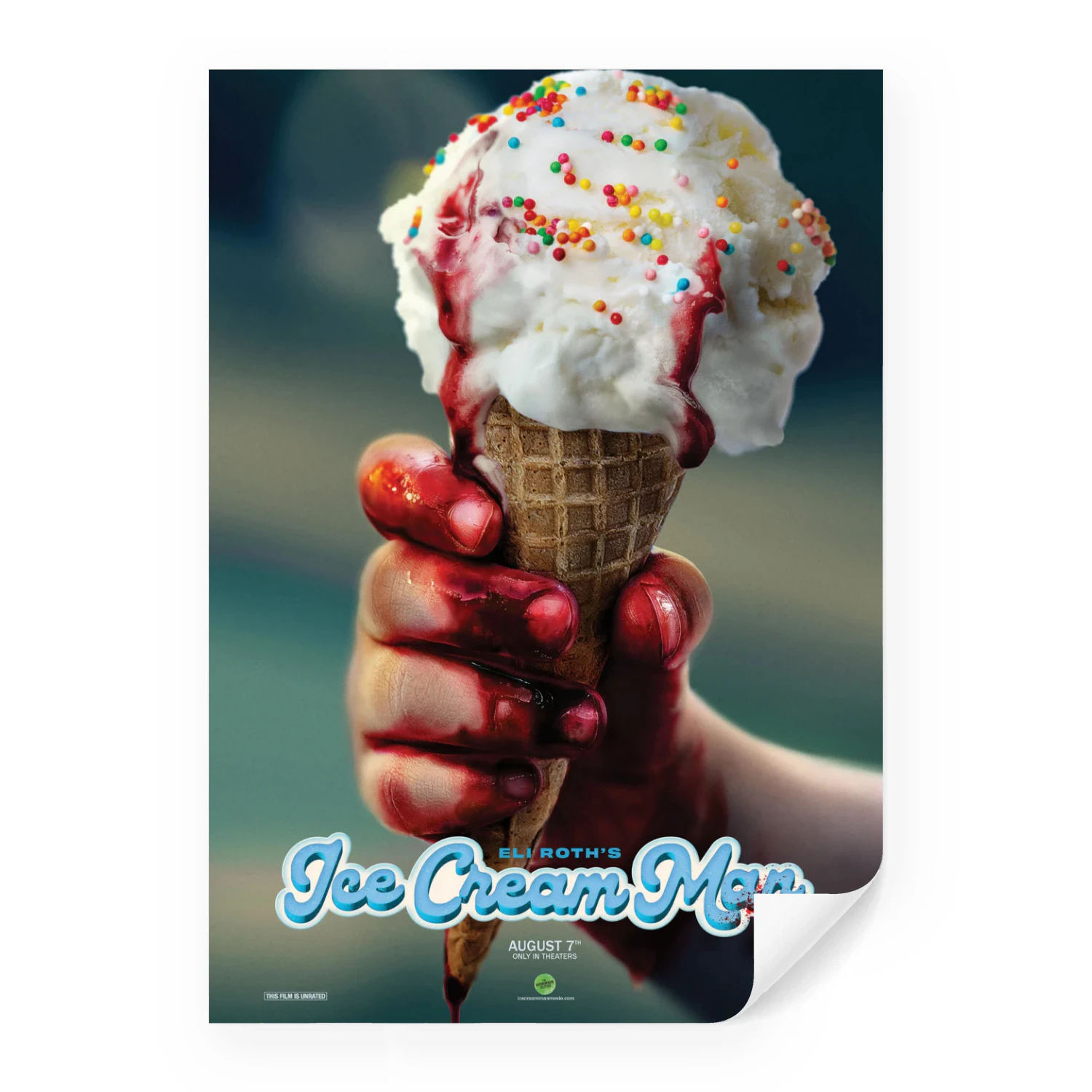 Eli Roth's Ice Cream Man 2026 Horror Movie Poster – Bloody Hand Ice Cream Cone Teaser | Unrated Slasher Film Wall Art Print