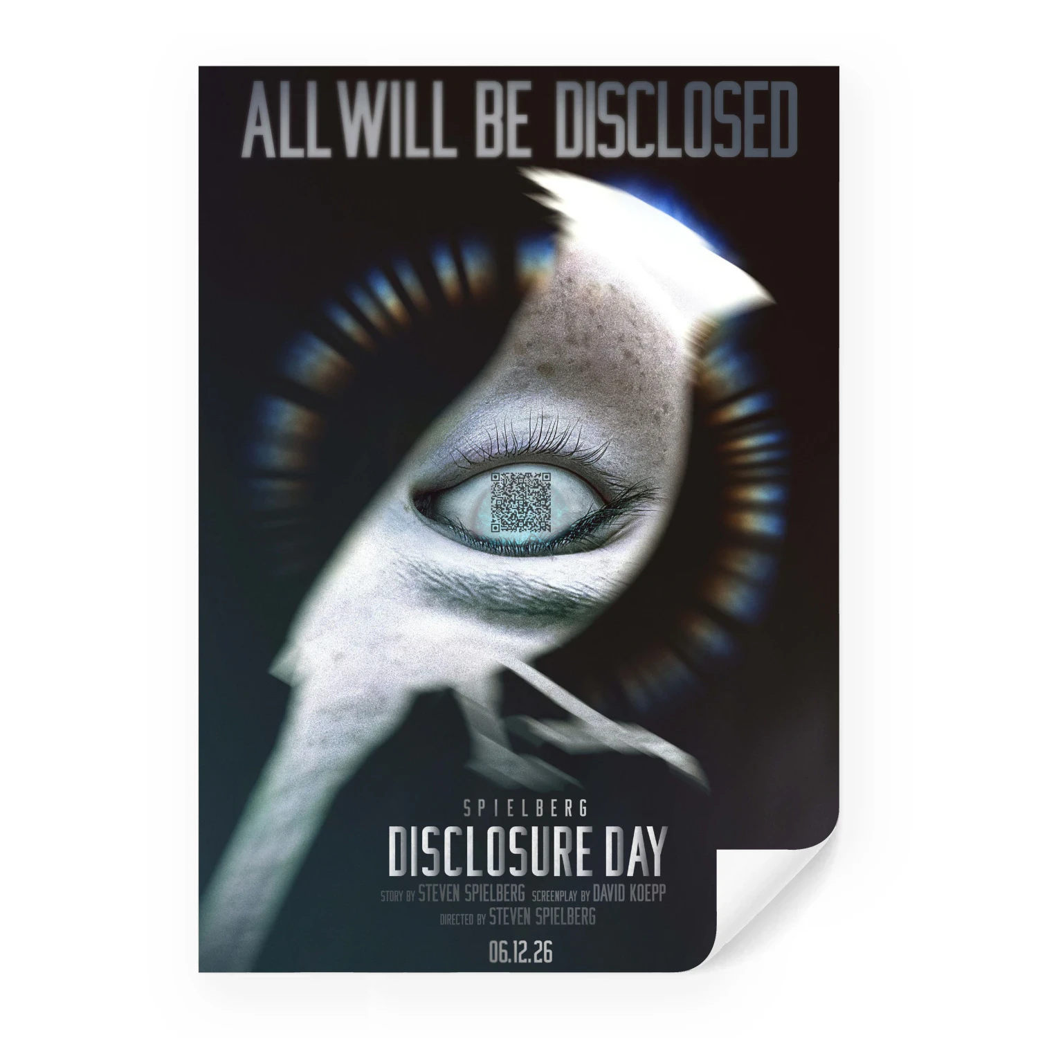 Disclosure Day 2026 Steven Spielberg Poster – QR Code Eye “All Will Be Disclosed” | Sci-Fi Movie Wall Art Print