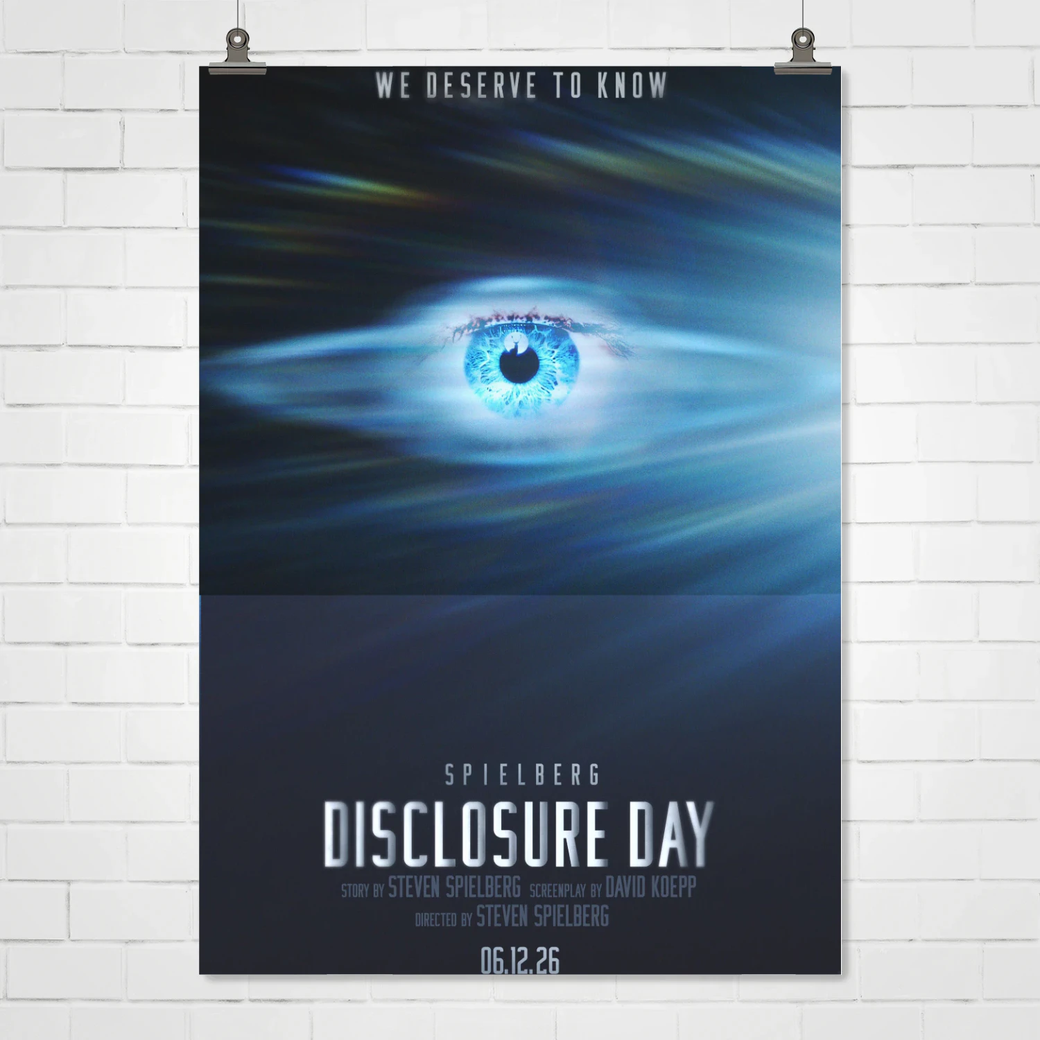 Disclosure Day 2026 Steven Spielberg Movie Poster – Glowing Blue Eye Teaser | We Deserve To Know Sci-Fi Wall Art Print