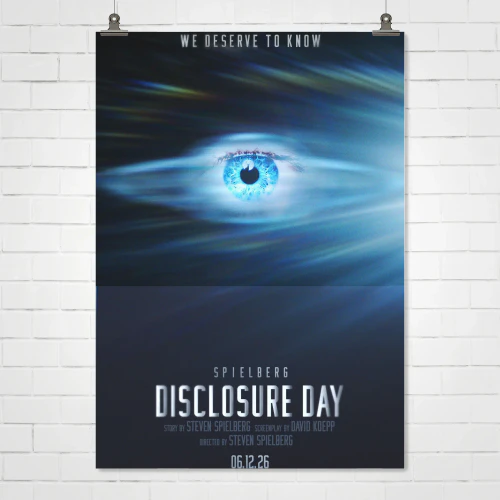 Disclosure Day 2026 Steven Spielberg Movie Poster – Glowing Blue Eye Teaser | We Deserve To Know Sci-Fi Wall Art Print