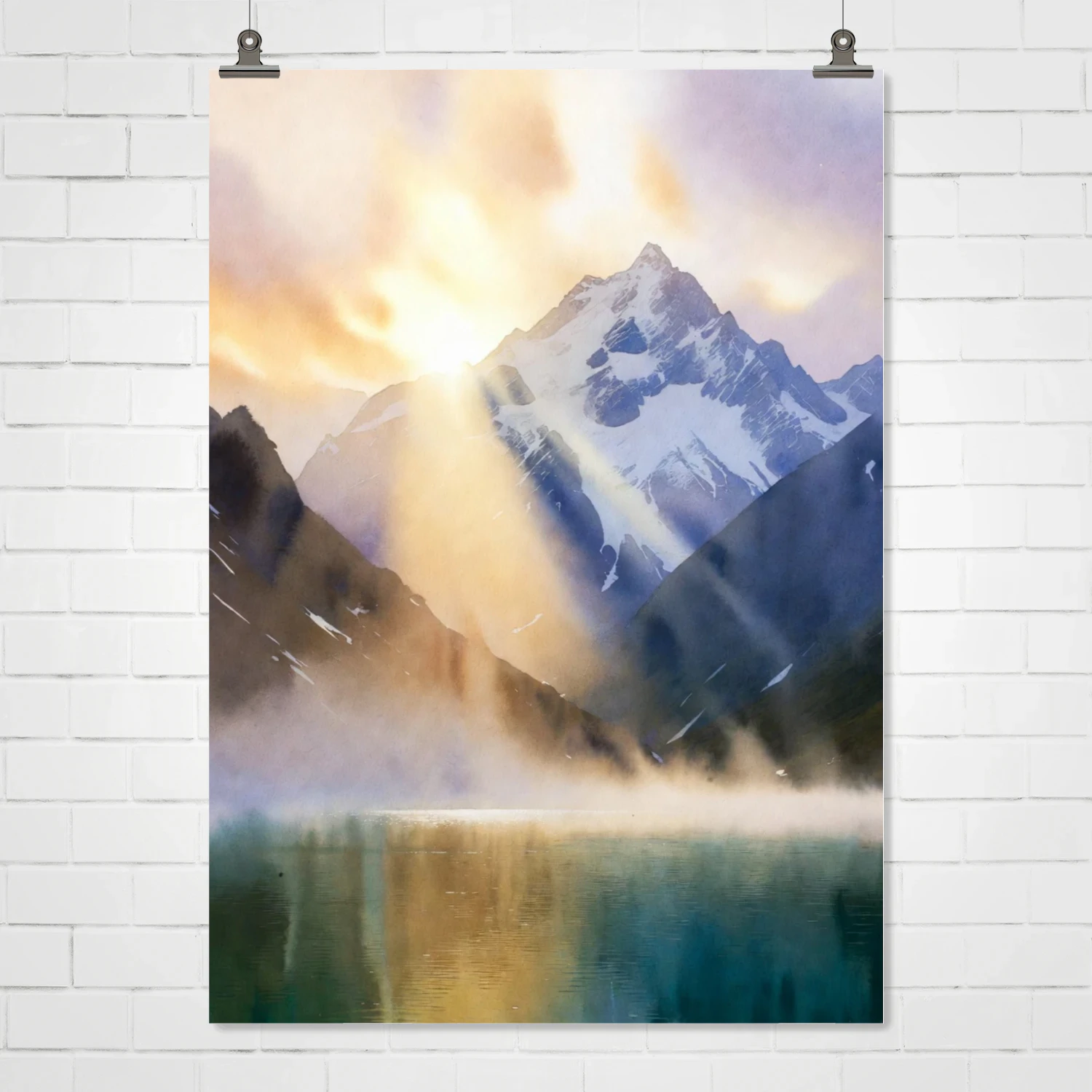 Divine Light Over the Mountain | Watercolor Alpine Poster