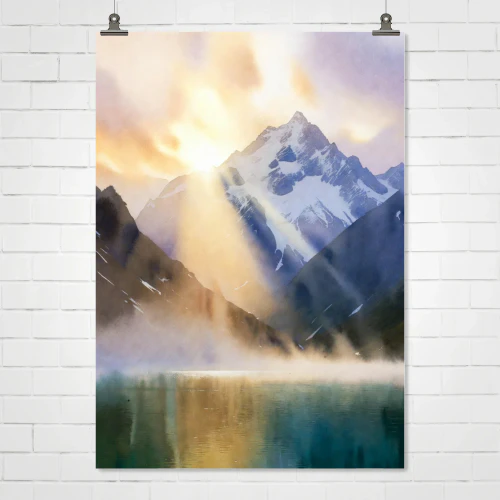 Divine Light Over the Mountain | Watercolor Alpine Poster