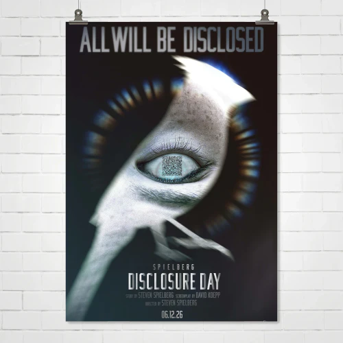 Disclosure Day 2026 Steven Spielberg Poster – QR Code Eye “All Will Be Disclosed” | Sci-Fi Movie Wall Art Print