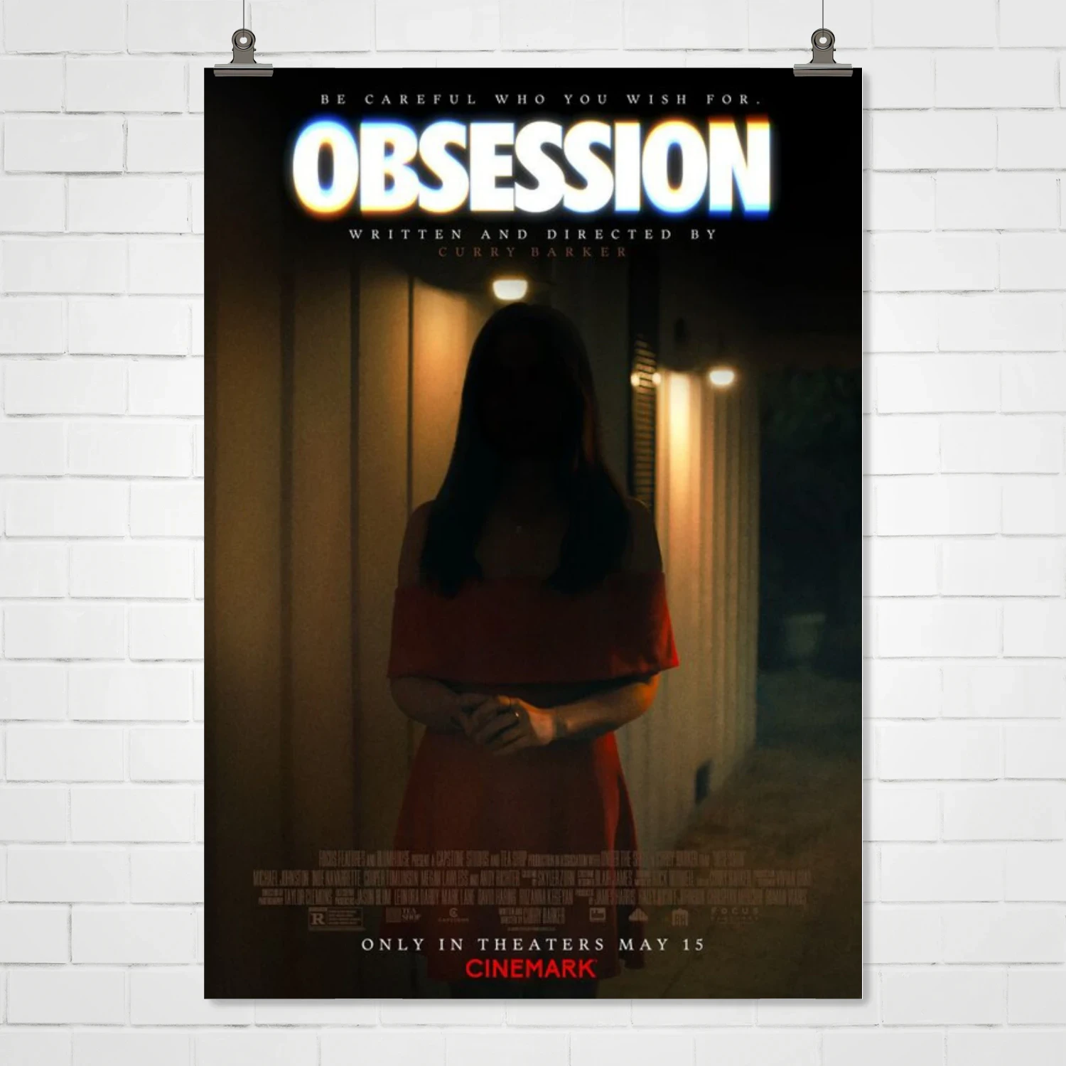 Obsession 2026 Horror Movie Poster – Mysterious Woman in Red Hallway | “Be Careful Who You Wish For” Teaser Print