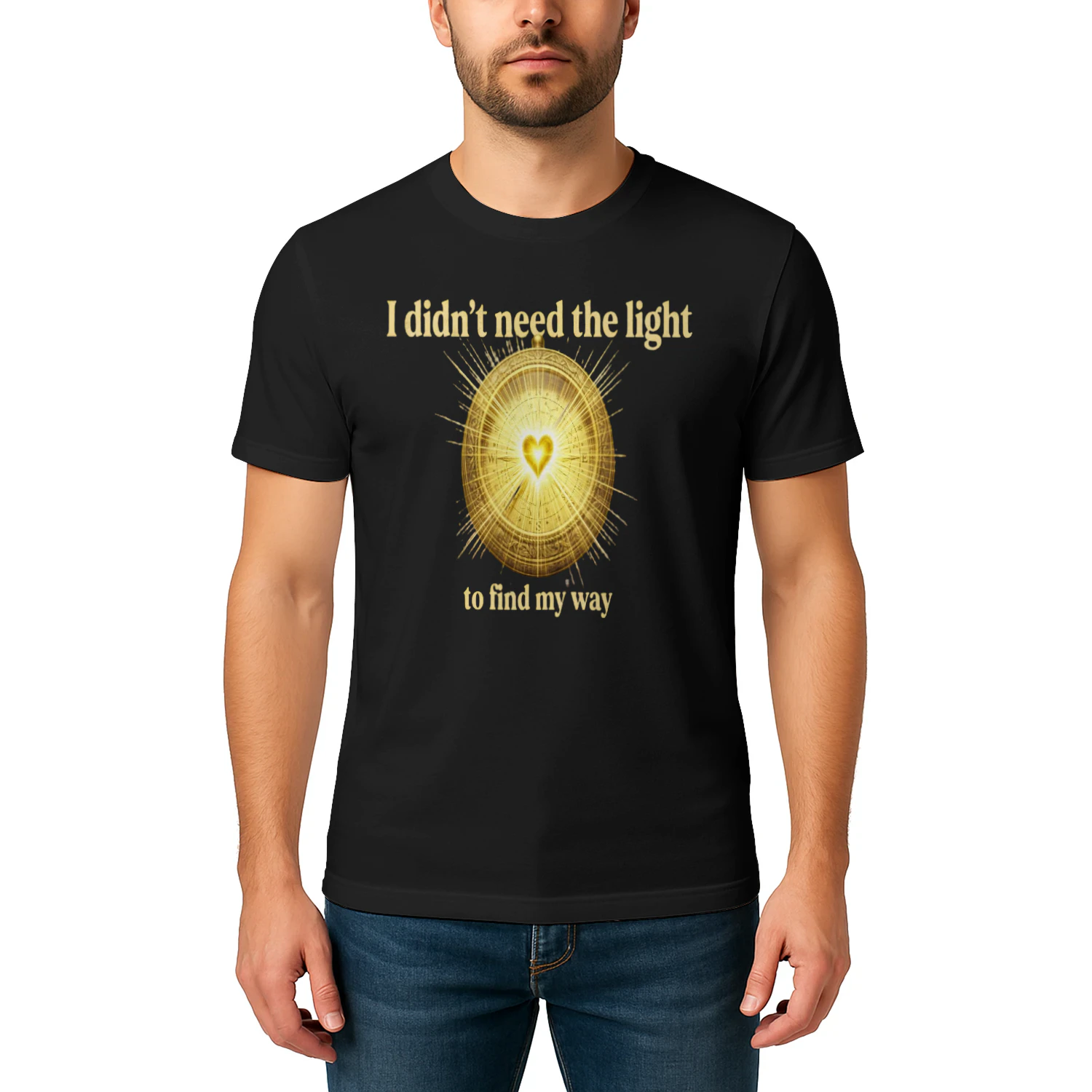 Auraluxy Golden Heart Compass Graphic Tee - "I Didn't Need The Light To Find My Way" Quote Shirt
