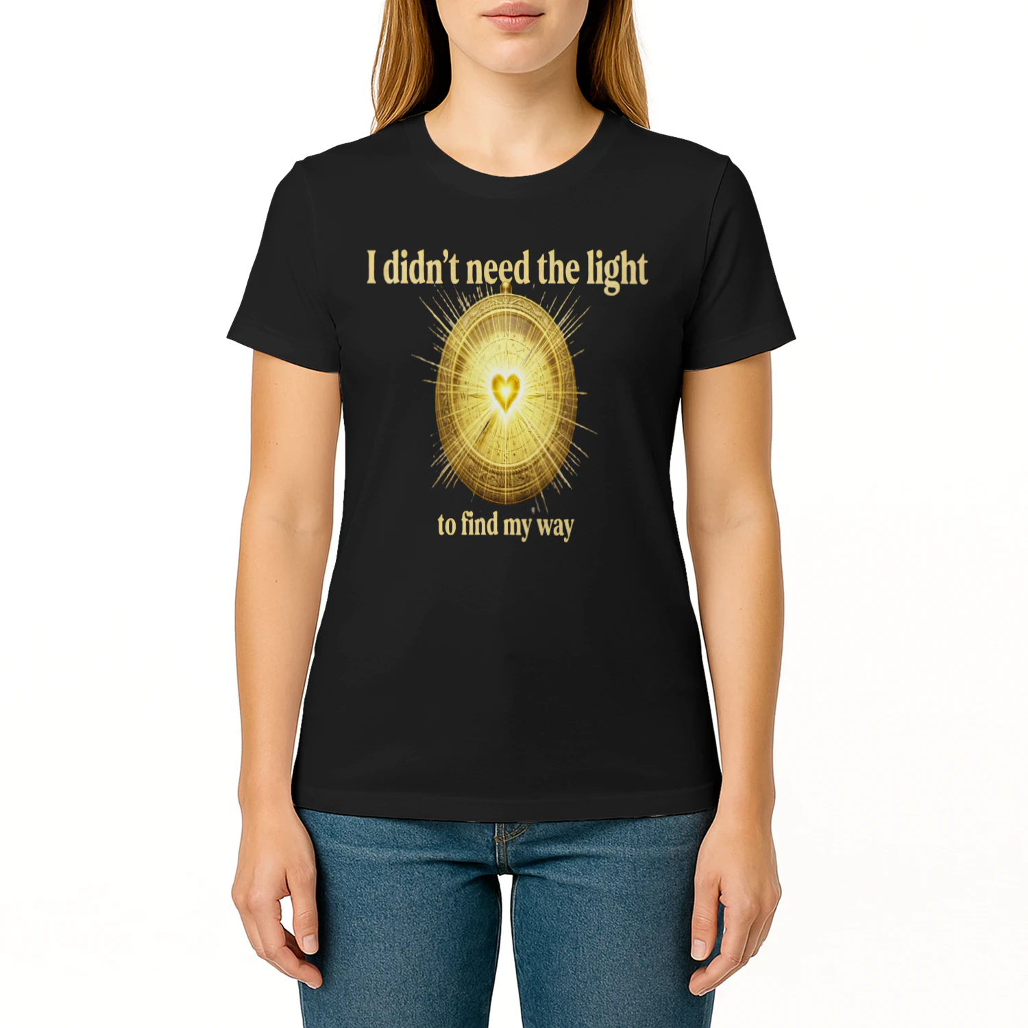 Auraluxy Golden Heart Compass Graphic Tee - "I Didn't Need The Light To Find My Way" Quote Shirt