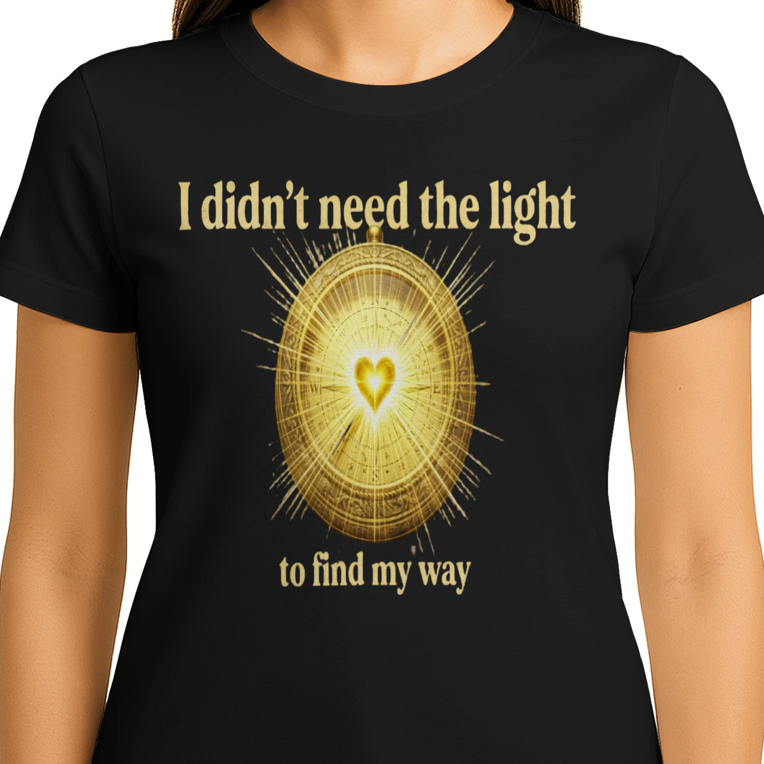 Auraluxy Golden Heart Compass Graphic Tee - "I Didn't Need The Light To Find My Way" Quote Shirt