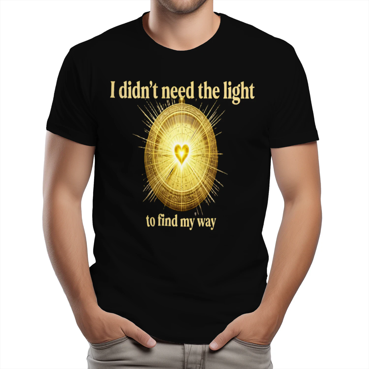 Auraluxy Golden Heart Compass Graphic Tee - "I Didn't Need The Light To Find My Way" Quote Shirt