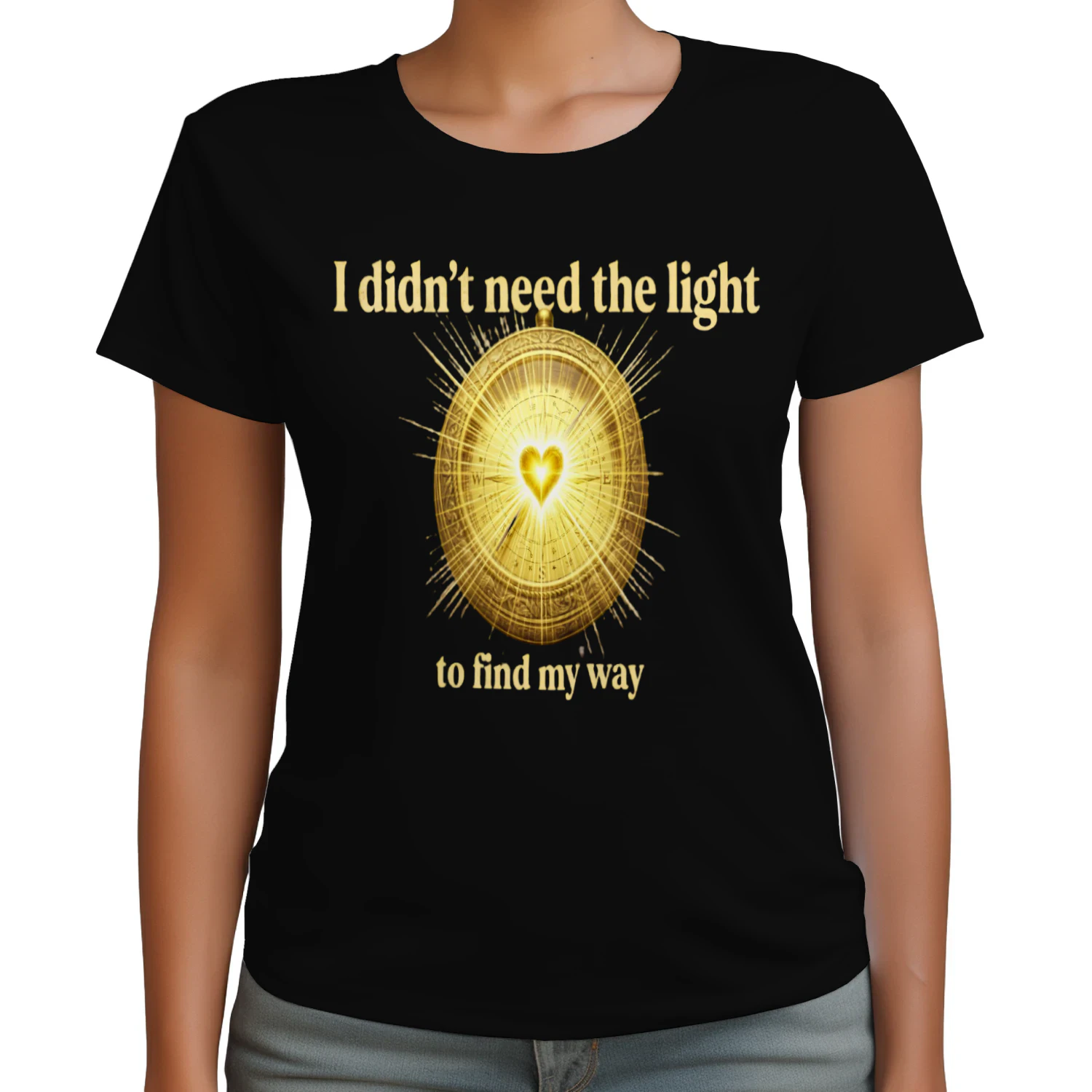 Auraluxy Golden Heart Compass Graphic Tee - "I Didn't Need The Light To Find My Way" Quote Shirt