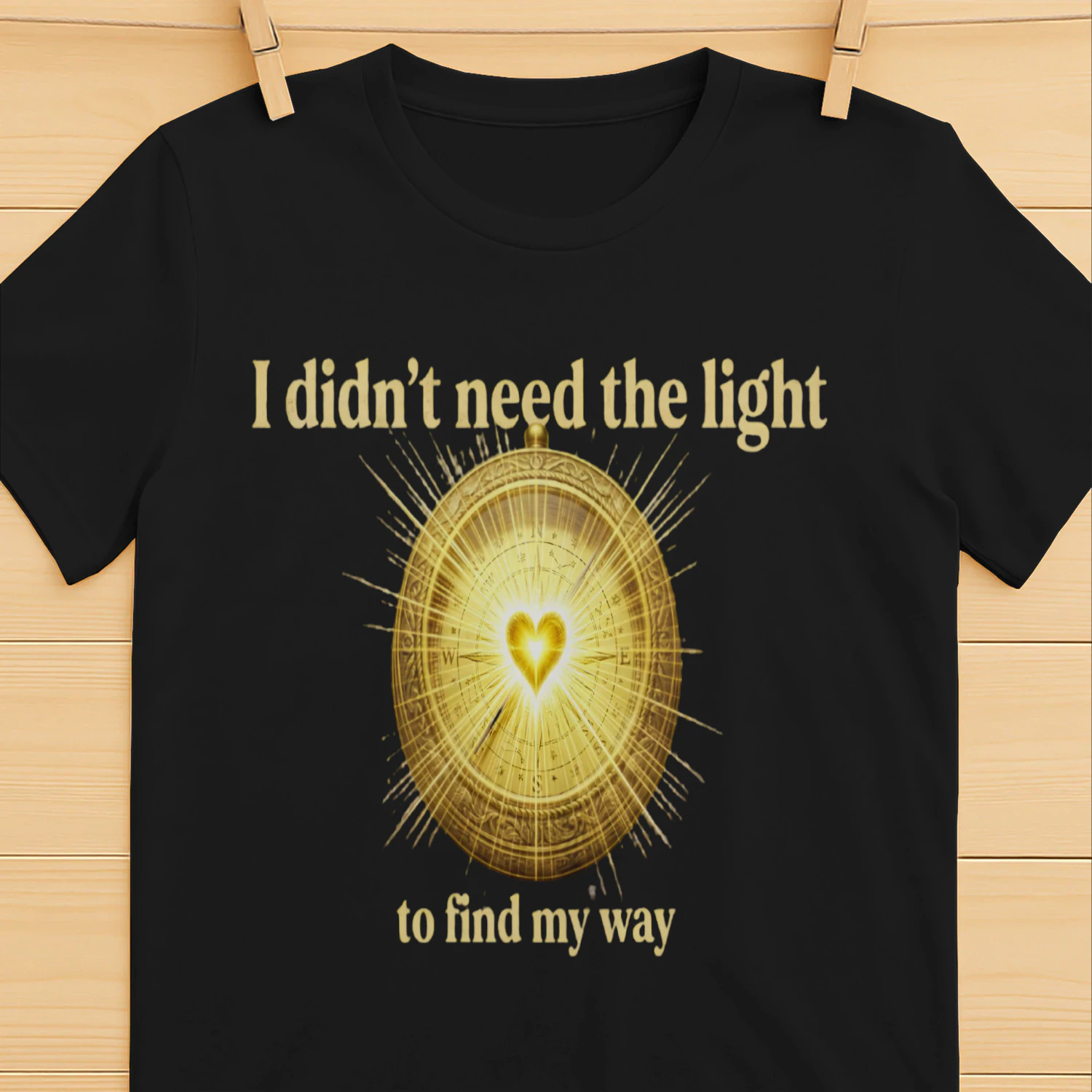 Auraluxy Golden Heart Compass Graphic Tee - "I Didn't Need The Light To Find My Way" Quote Shirt