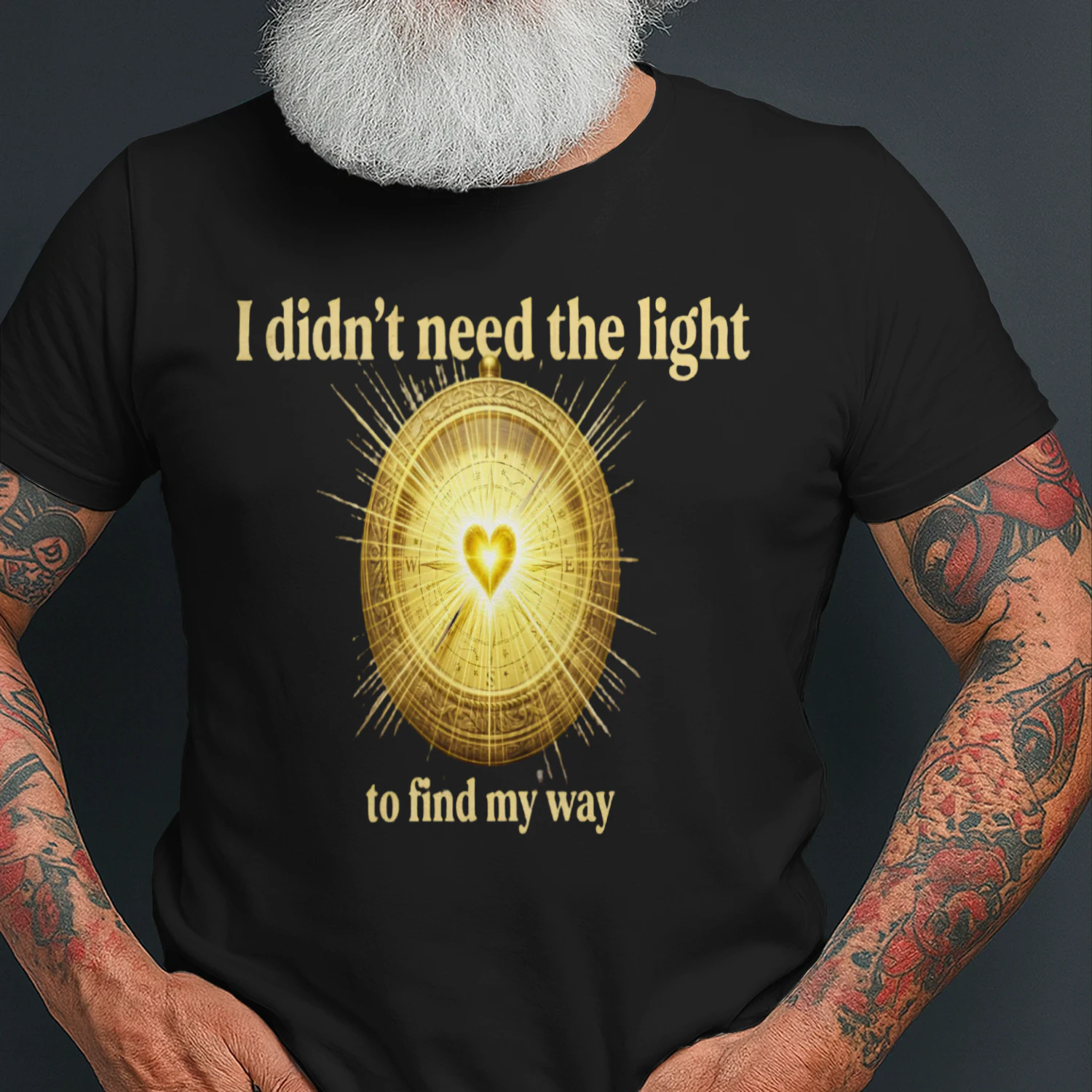 Auraluxy Golden Heart Compass Graphic Tee - "I Didn't Need The Light To Find My Way" Quote Shirt