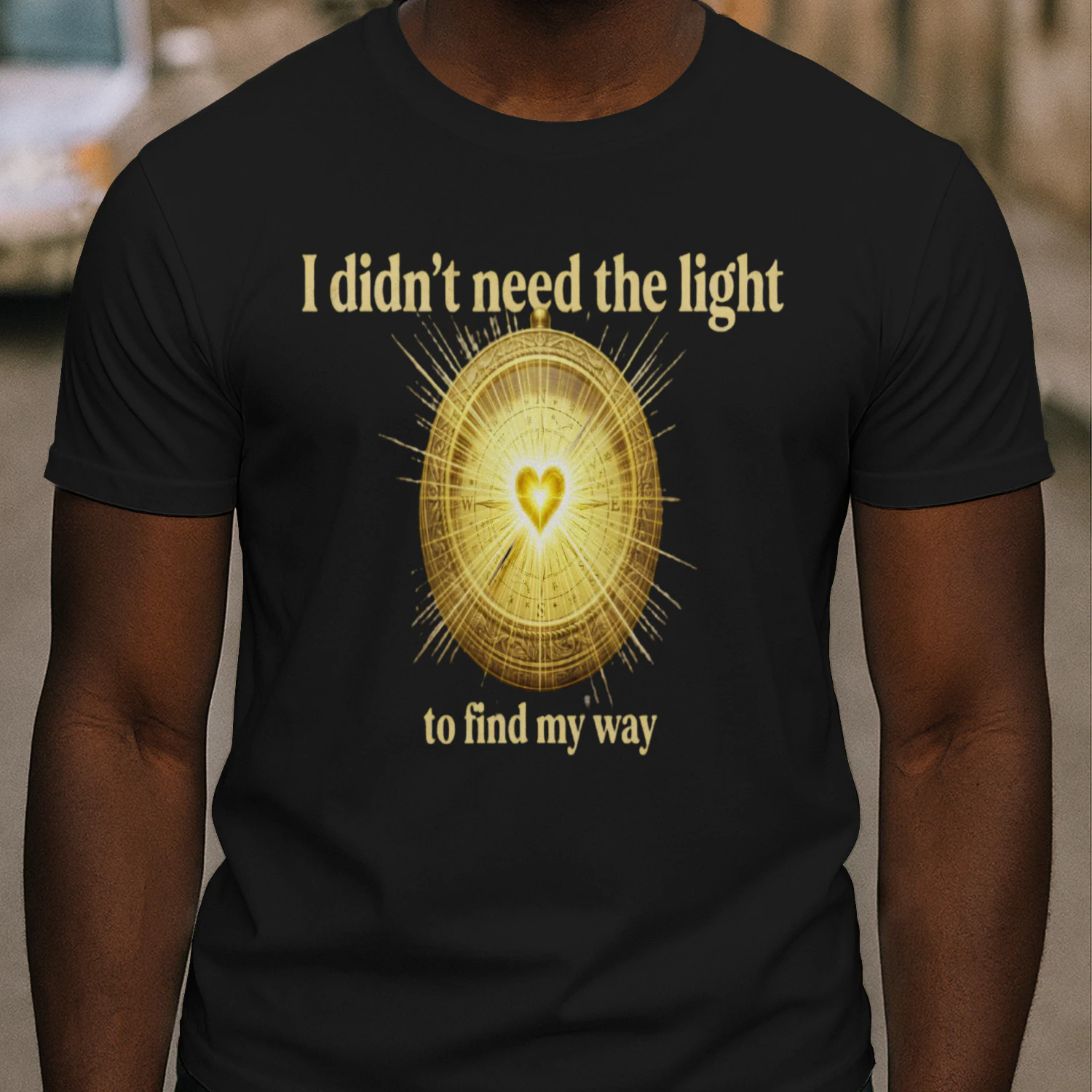 Auraluxy Golden Heart Compass Graphic Tee - "I Didn't Need The Light To Find My Way" Quote Shirt