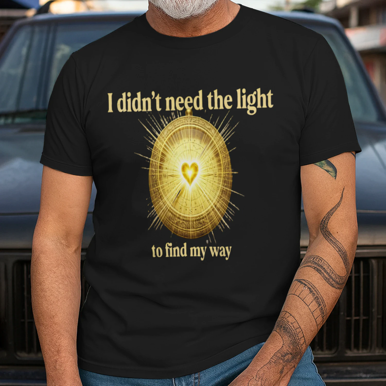 Auraluxy Golden Heart Compass Graphic Tee - "I Didn't Need The Light To Find My Way" Quote Shirt