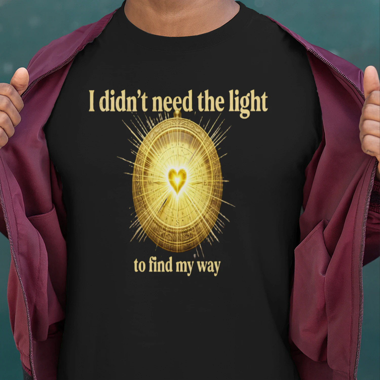 Auraluxy Golden Heart Compass Graphic Tee - "I Didn't Need The Light To Find My Way" Quote Shirt