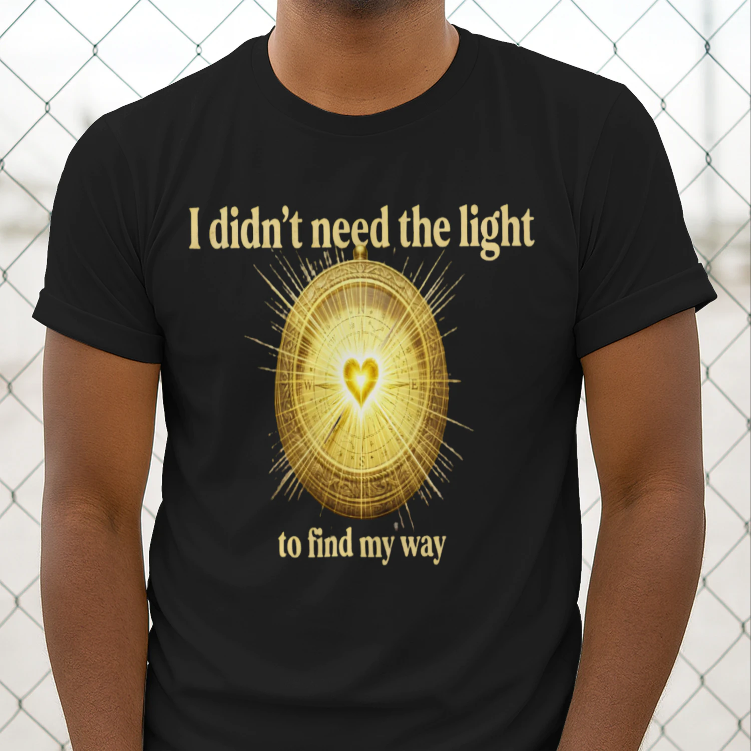 Auraluxy Golden Heart Compass Graphic Tee - "I Didn't Need The Light To Find My Way" Quote Shirt